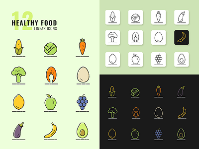 Healthy Food Linear Icons apple broccoli cabbage carrot corn eggplant fish food fruit graphic design healthy icon lemon line nature set symbol ui vector vegetable