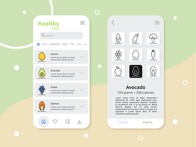 Mockup with App Icons app apple banana broccoli button cabbage calories carrot corn eggplant fish food graphic design health illustration lemon mockup set symbol vitamins