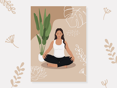 Poster with a Girl who Meditates in the Lotus Position. Yoga flower leaves
