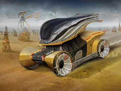 Yellow car car design cgi concept art cyberpunk digital art fantastic game design illustration print sci fi tripod vehicle