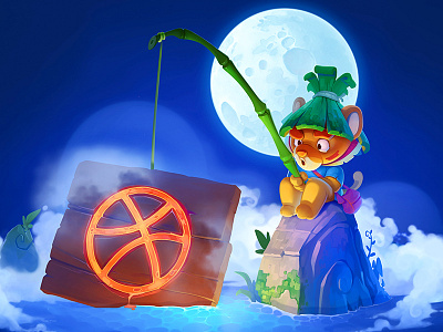 Dribbble Invite animal character dribbble fishing rod game give away illustrator invitation invite invites moon tiger