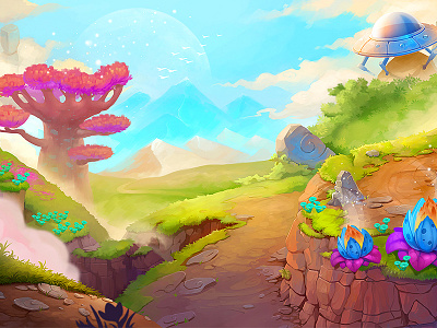 Charming Valley background colorful environment flowers game illustration landscape nature space tree ufo valley
