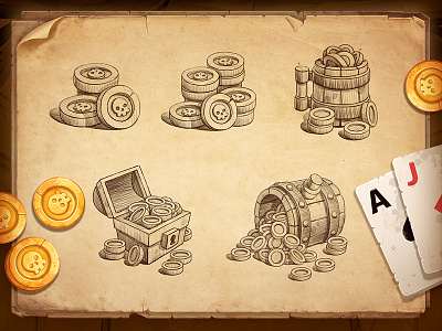 Game Icon sketches cask chest coin coins design game icon illustration poker sketch skull treasure