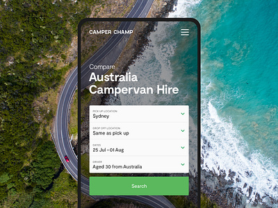 Camper Champ Website - Main page (Mobile version) australia camper travel travel app traveling travelling