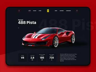 Ferrari 488 Pista concept redesign car darkmode design desktop ferrari redesign ui ui ux ux vector webdesign