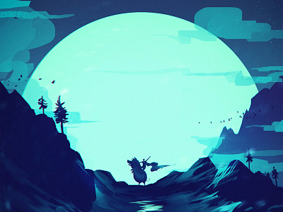 Boar Rider animal atmosphere bird blue digital illustration moon mountain night painting sketch tree