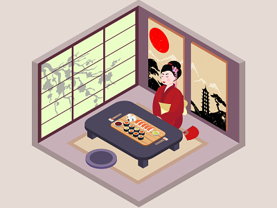 Japan atmosphere adobe illustrator design geisha girl graphic design illustration isometry japan restaurant room sushi vector