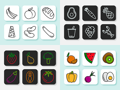 Healthy food icons on buttons adobe illustrator branding design food graphic design health healthy food icons illustration line icons logo vector