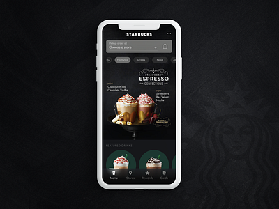 Starbucks | App Concept app coffee coffee shop concept dark dark mode dark theme dark ui drink menu drinks figma order starbucks ui ui ux ux