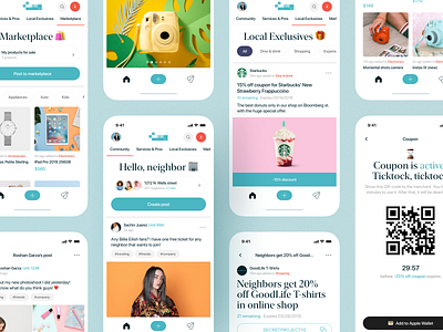 Neighbors community IOS app 2d app app design background coupon design ecommerce figma figmadesign green ios app minimal minimalism posts screen shop social app social network ui ux