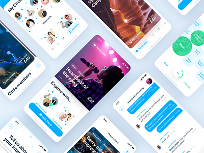 Circles IOS app. Enjoy events with circles of friends app blue booking colors design event events app icon icons interaction invite ios14 iphone x menubar screen social social network typography ui ux