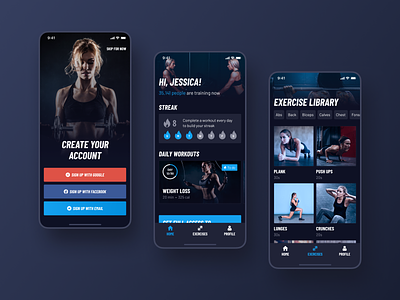 30 Day Fitness Challenge App Redesign. Main screens app blue button color design fitness fitness app interaction interaction design interface invite ios14 logo screen sign in signup typography ui ux
