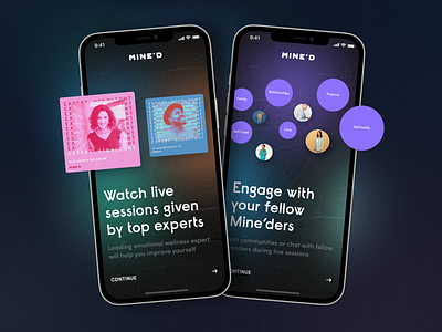 Mine'D. Mindful social application app blue blurred background branding community design gradients interaction live chat logo meditation onboarding purple screen streaming typography ui ux video wellbeing