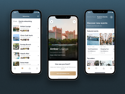 Luxury Events Mobile App app blue booking chat dark design events feed flight gold hotels luxury messages screen ticket tickets travel typography ui ux