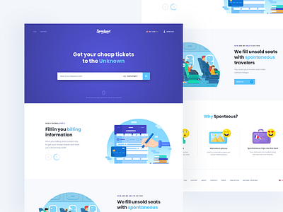 Sponteous. Travel Service landing page blue booking design illustration invite landing purple tickets travel ui ux website