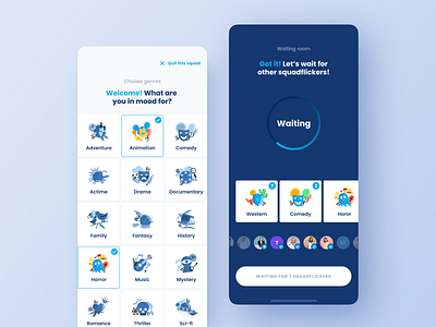 Squadflick. App for movie nights animation app blue design icon iconography illustraion interaction invite mobile mobile app mobile app design mobile design nice screen typogaphy typography ui ux