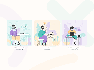 Select a position ceo choose colorfull cto design green illustration innovation people position purple role target technology ui ux vector yellow