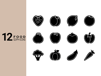 Set, Collection of Healthy Simple 12 Food Glyph Icons apple black broccoli collection design food fruits glyph glyphicons graphicvector healthy illustration lemon orange pumpkin set simple strawberry tomato vector