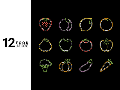 Set of 12 Healthy Food Line Icons on a Black Background apple blackbackground broccoli collection colorsline design food fruits graphicdesign healthy icon illustration lemon lineicons orange plum set strawberry vector vegetables