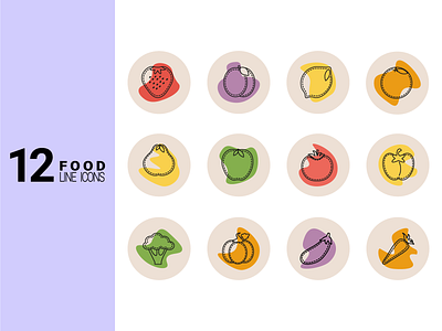 Set of 12 Healthy Food Line Icons for Instagram Stories apple collection cover food fruits graphicdesign healthy icons illustration instagram lemon orange phonebackground phoneicons pumpkin set stories strawberry vector vegetables