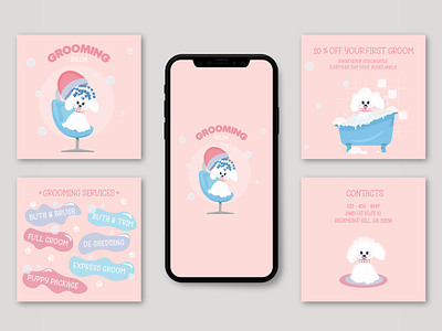 Vector Illustration of Dog in Flat Style for Grooming Salon animal banner bath bathtub card dog flat flyer greetingcard grooming hairdryer instagram isolated landingpage pet puppy rose salon services shop