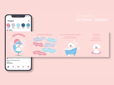 4 Templates Dog Grooming in Seamless Instagram Stories Carousel 1080 4 templates card carousel device dog grooming illustration instagram interface iphone post rose seamless smartphone square stories story vector wallpaper