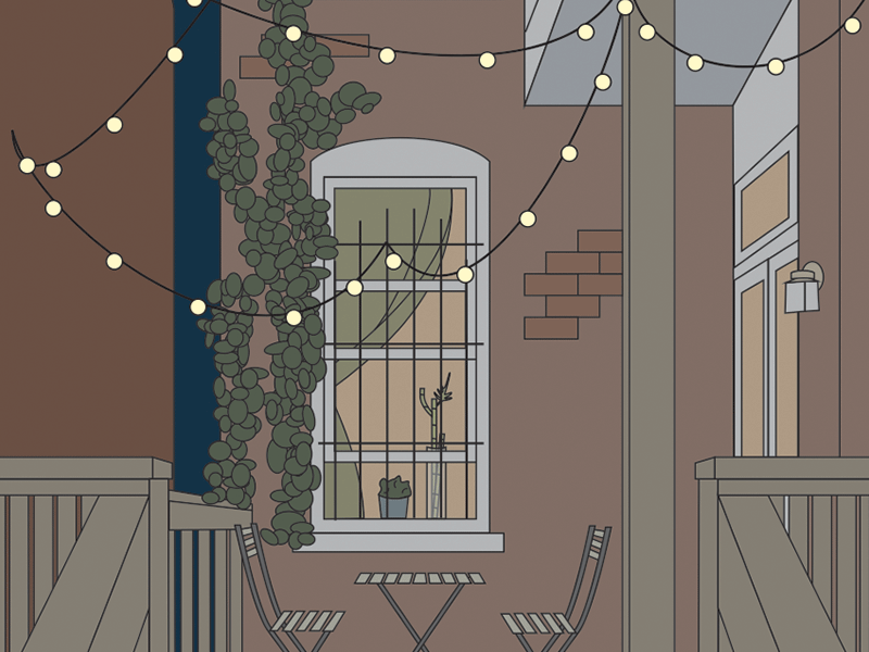 My Back Porch string lights nighttime porch home illustration