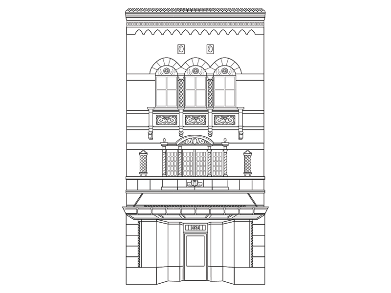 404 E Grace St line drawn black and white building illustration