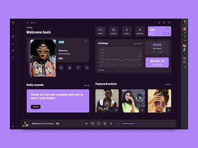 Dashboard for My Crowd - musician clean dark mode dark ui dashboard ecommerce media player music music player music player ui musicians nav search store team ui users ux