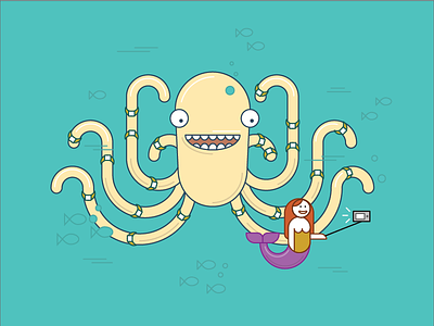 Mermaid taking a selfie with octopus illustration mermaid octopus selfie vector