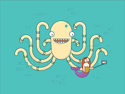 Mermaid taking a selfie with octopus illustration mermaid octopus selfie vector