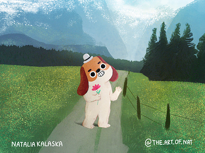 Mountain dream 2d background cartoon cartoon character cartoon illustration character characterdesign cute dog enviroment flowers illustration illustrator mountains procreate