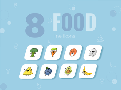 8 Food line Icon baby design banana blueberry cute design graphic design healthy foode illustration line art line icon logo phone app vector