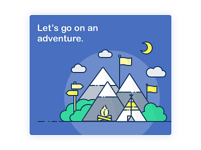 Let's go on an adventure adventure app camp card flat icon illustration outdoors tent ui vector