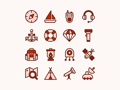 Adventure Equipment Icon Set anchor bag boat camp headphone line map parachute space torch walkie talkie