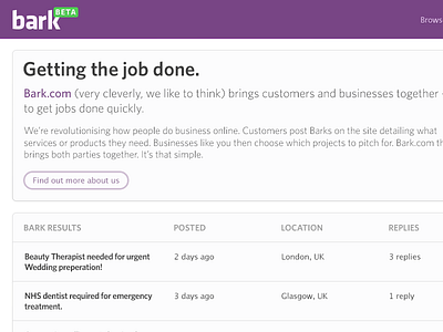 Bark.com - Browse Barks clean flat purple results search simple table ui design user interface design