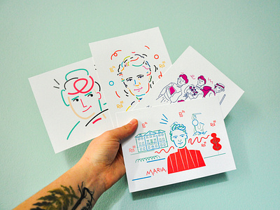 Postcards with Marie Sklodowska-Curie art design dinksy drawing education exhibition graphic illustration illustrations marie sklodowska curie museum postcard postcards science