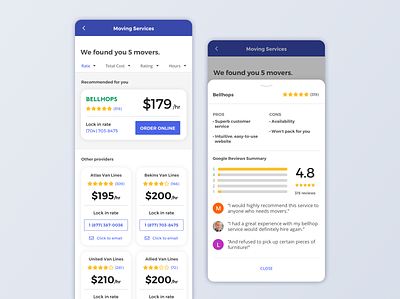 Moving Service Quote app card design movers moving quote review ui ux web