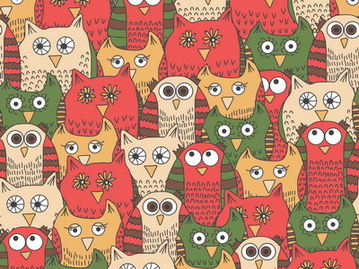Funny owls pattern bird cartoon funny green owl pattern red seamless