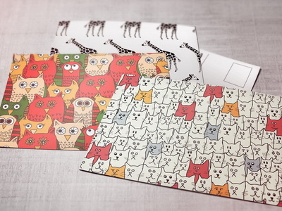 Postcards with my patterns cat giraffe owl pattern postcard postcrossing seamless