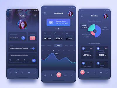 Income tracking app UI kit app appdesign appkit darktheme darkui datavisualization statistics stats uikit uikits uiux xdapp