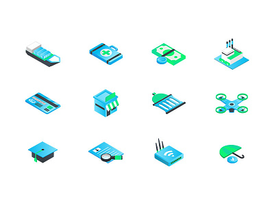 Isometric icon set representing 12 industries