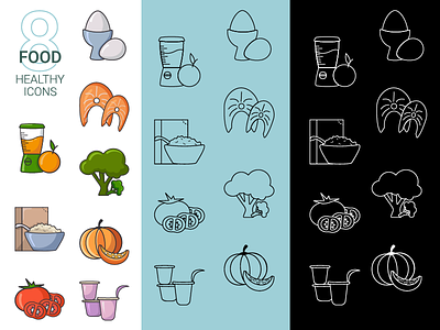 8 linear food icons, colored and black and white on different ba
