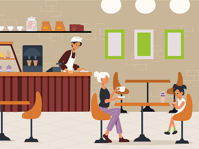 Illustration of a cafe with visitors cafe customers foman girl illustration interior salesman vector