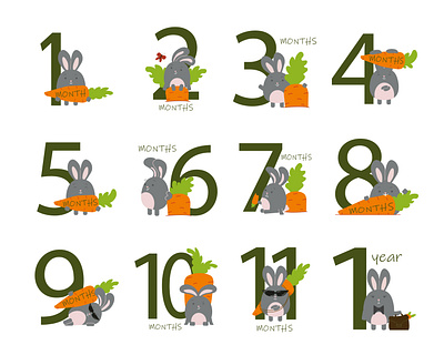 Stickers for the first year of a child's life bunny carrot childs age design first year illustration month rabbit stickers vector