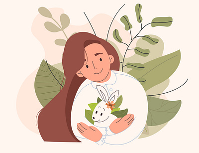 A girl hugs a rabbit bunny careful eco hugs illustration vector woman