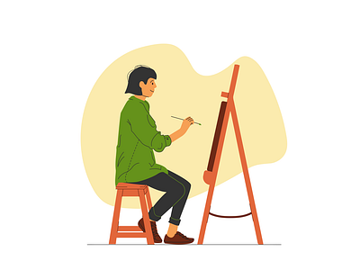 Illustration of a girl drawing on canvas artist drawing easel flat illustration vector woman