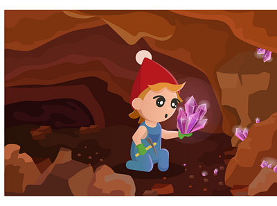 The dwarf in the cave found crystals cartoon childrens illustration cute dwarf illustration vector
