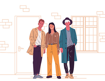 Stylish guys and girl in fashionable clothes flat illustration people poster stylish vector