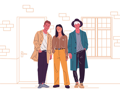 Stylish guys and girl in fashionable clothes flat illustration people poster stylish vector